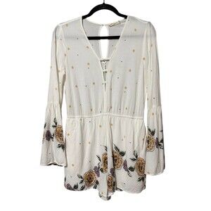 Chloe & Katie Floral Border Print Bell Sleeve Romper L Boho Rayon